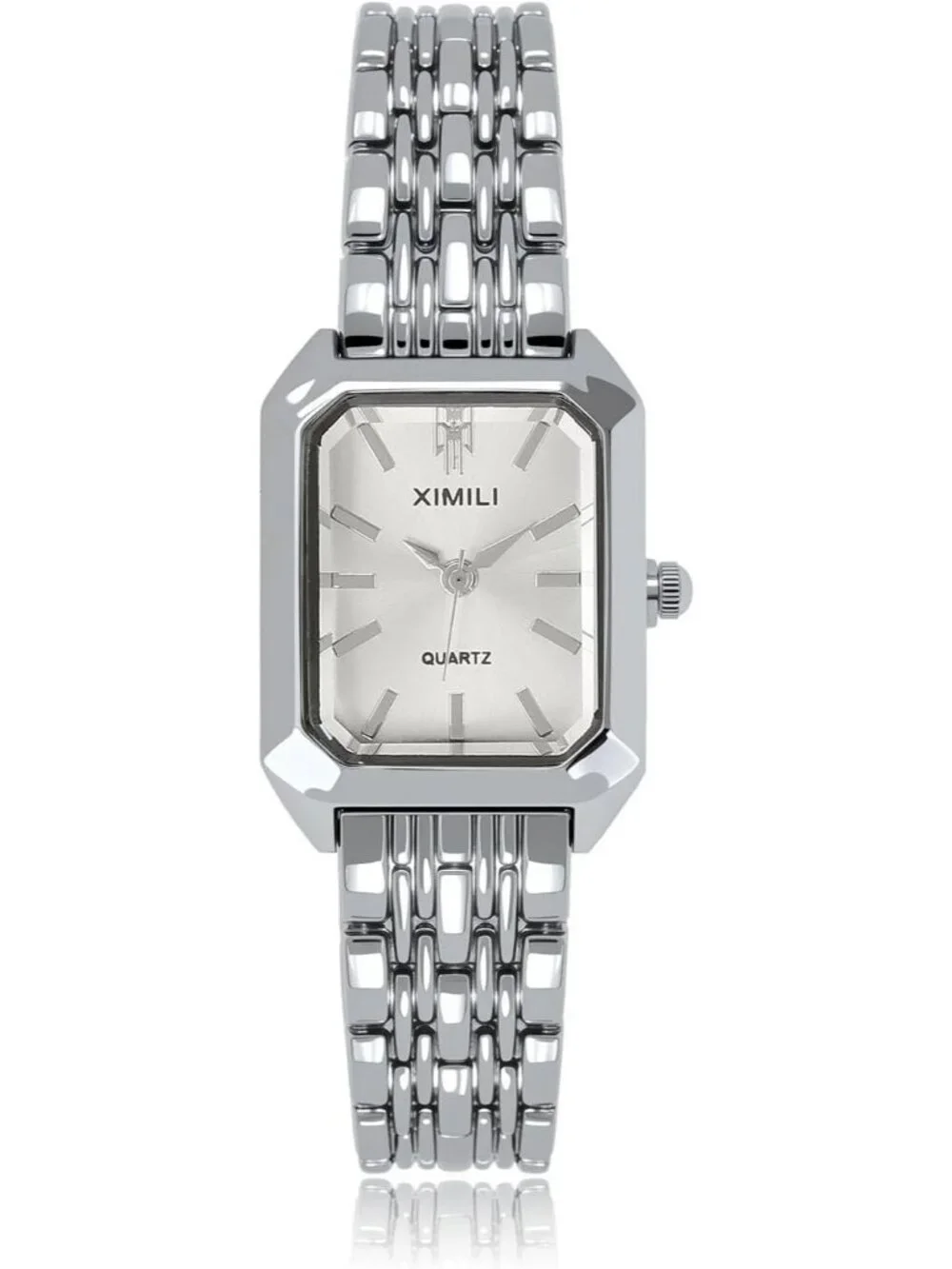 Women's Silver Quartz Rectangular Case Metal Bracelet Band Analogue Wrist Watch